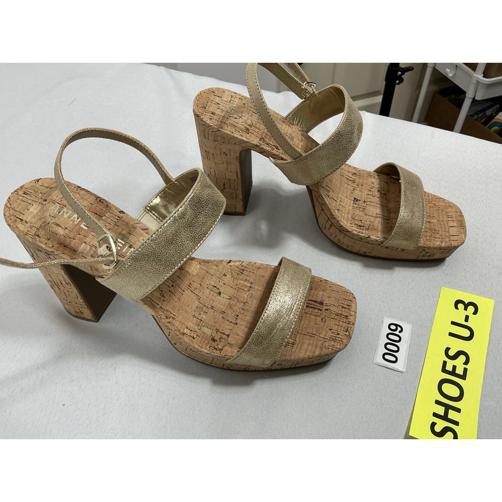 Woman’s NWOT Anne Klein Akzaya Strappy Cork Platform Sandals 10M Gold Block Heel - Picture 2 of 7